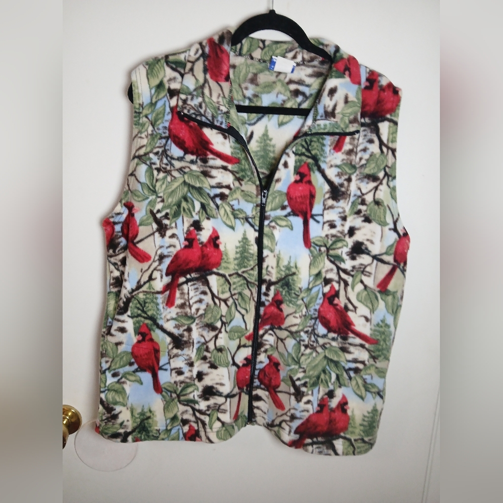 PFI Fashions Fleece Vest Cardinal Bird Birch Tree Print‎ Zip Up Large Cabincore